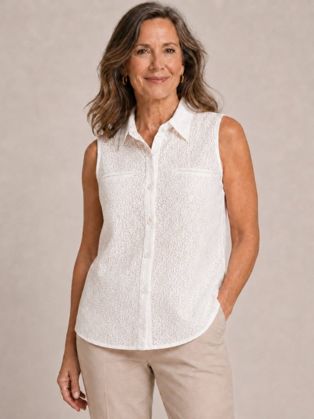 Cabi White Lace Floral Button Front Pocket Lightweight Sleeveless Blouse Sz S